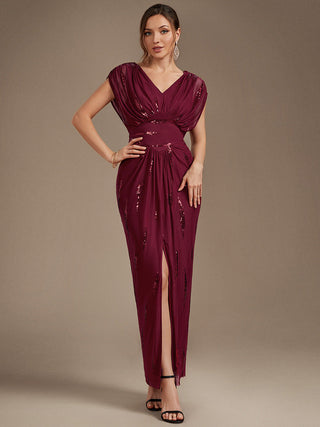 Plus Size Short Sleeve Tulle V-Neck Bodycon Sequin Evening Dresses