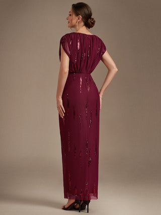 Plus Size Short Sleeve Tulle V-Neck Bodycon Sequin Evening Dresses