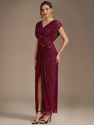 Plus Size Short Sleeve Tulle V-Neck Bodycon Sequin Evening Dresses