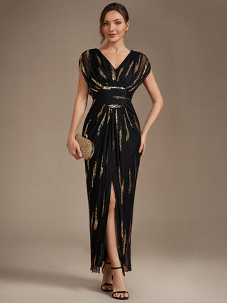 Plus Size Short Sleeve Tulle V-Neck Bodycon Sequin Evening Dresses