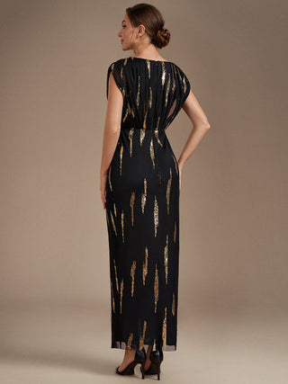 Plus Size Short Sleeve Tulle V-Neck Bodycon Sequin Evening Dresses