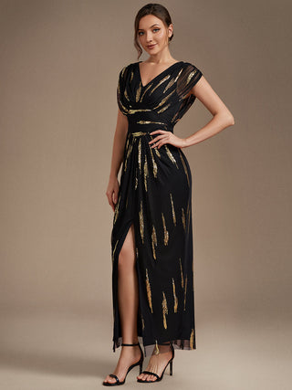 Plus Size Short Sleeve Tulle V-Neck Bodycon Sequin Evening Dresses