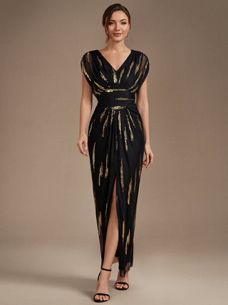Plus Size Short Sleeve Tulle V-Neck Bodycon Sequin Evening Dresses