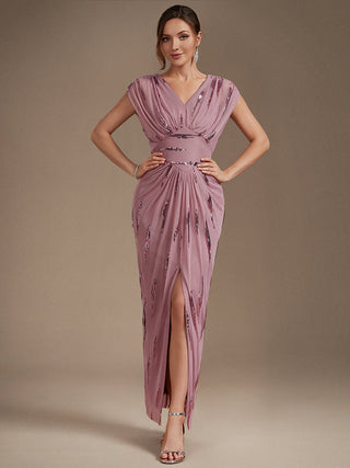 Plus Size Short Sleeve Tulle V-Neck Bodycon Sequin Evening Dresses