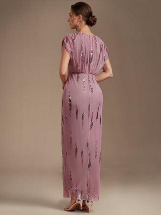 Plus Size Short Sleeve Tulle V-Neck Bodycon Sequin Evening Dresses