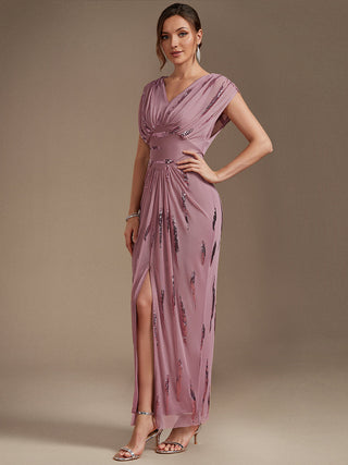 Plus Size Short Sleeve Tulle V-Neck Bodycon Sequin Evening Dresses