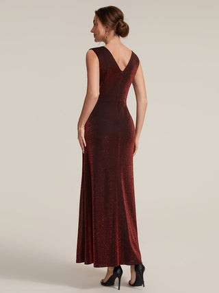 Sleeveless High Stretch V-Neck Sheath Maxi Dress with Knot Detail; Evening Dresses