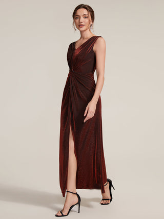 Sleeveless High Stretch V-Neck Sheath Maxi Dress with Knot Detail; Evening Dresses