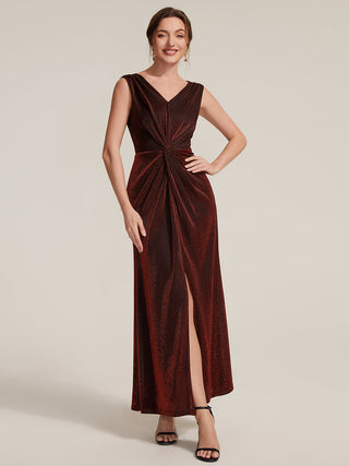 Sleeveless High Stretch V-Neck Sheath Maxi Dress with Knot Detail; Evening Dresses