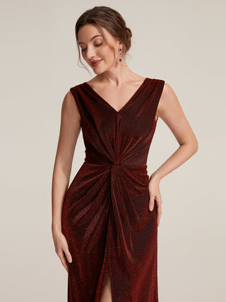 Sleeveless High Stretch V-Neck Sheath Maxi Dress with Knot Detail; Evening Dresses