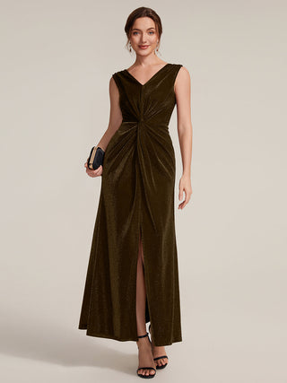 Sleeveless High Stretch V-Neck Sheath Maxi Dress with Knot Detail; Evening Dresses
