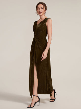Sleeveless High Stretch V-Neck Sheath Maxi Dress with Knot Detail; Evening Dresses