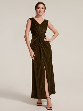 Sleeveless High Stretch V-Neck Sheath Maxi Dress with Knot Detail; Evening Dresses
