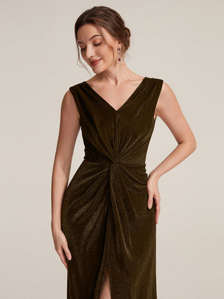 Sleeveless High Stretch V-Neck Sheath Maxi Dress with Knot Detail; Evening Dresses
