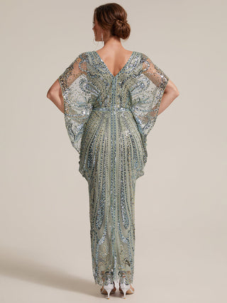 Plus Size Short Sleeve Tulle Sheath Round Neck Slit Evening Dresses