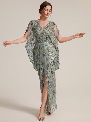Plus Size Short Sleeve Tulle Sheath Round Neck Slit Evening Dresses