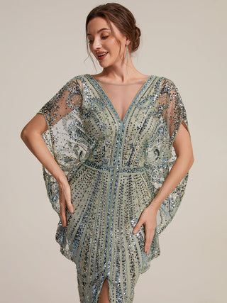 Plus Size Short Sleeve Tulle Sheath Round Neck Slit Evening Dresses
