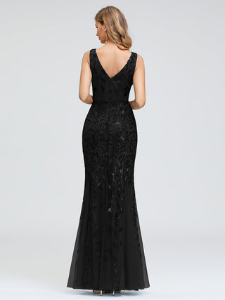 Strapless Deep V-Neck Sequin Fishtail Maxi Evening Dresses