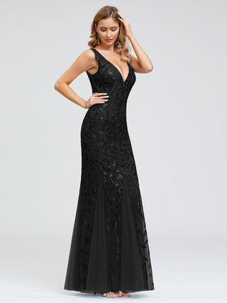 Strapless Deep V-Neck Sequin Fishtail Maxi Evening Dresses