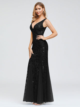 Strapless Deep V-Neck Sequin Fishtail Maxi Evening Dresses