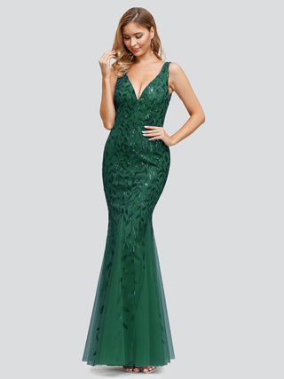 Strapless Deep V-Neck Sequin Fishtail Maxi Evening Dresses