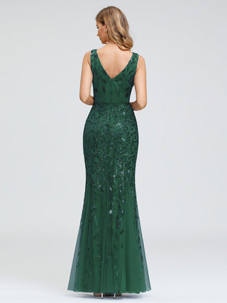 Strapless Deep V-Neck Sequin Fishtail Maxi Evening Dresses