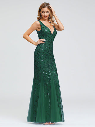 Strapless Deep V-Neck Sequin Fishtail Maxi Evening Dresses