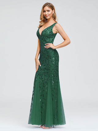 Strapless Deep V-Neck Sequin Fishtail Maxi Evening Dresses
