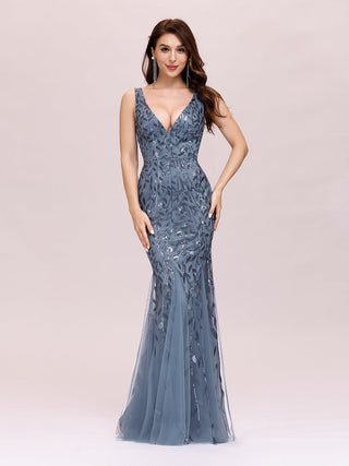 Strapless Deep V-Neck Sequin Fishtail Maxi Evening Dresses