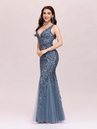 Strapless Deep V-Neck Sequin Fishtail Maxi Evening Dresses
