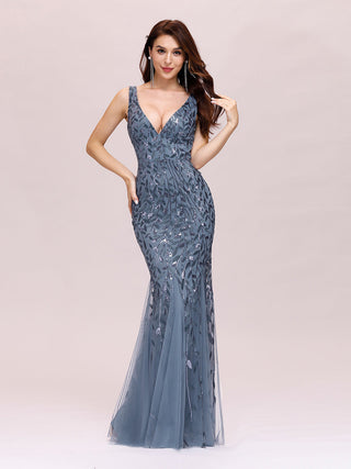 Strapless Deep V-Neck Sequin Fishtail Maxi Evening Dresses