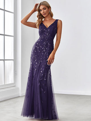 Strapless Deep V-Neck Sequin Fishtail Maxi Evening Dresses