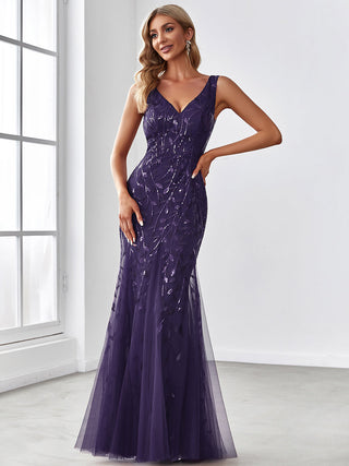 Strapless Deep V-Neck Sequin Fishtail Maxi Evening Dresses