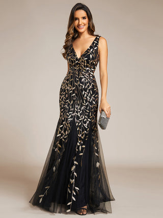 Strapless Deep V-Neck Sequin Fishtail Maxi Evening Dresses