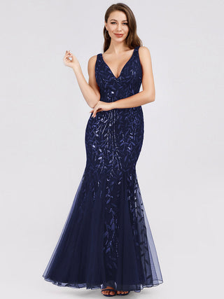 Strapless Deep V-Neck Sequin Fishtail Maxi Evening Dresses