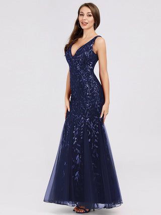 Strapless Deep V-Neck Sequin Fishtail Maxi Evening Dresses