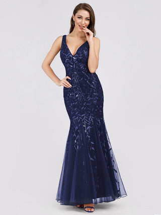 Strapless Deep V-Neck Sequin Fishtail Maxi Evening Dresses