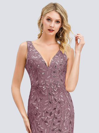 Strapless Deep V-Neck Sequin Fishtail Maxi Evening Dresses