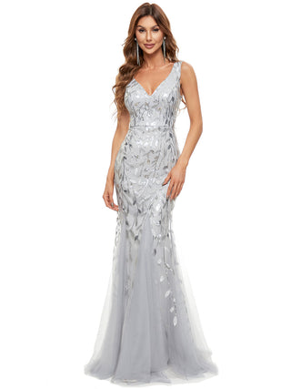 Strapless Deep V-Neck Sequin Fishtail Maxi Evening Dresses
