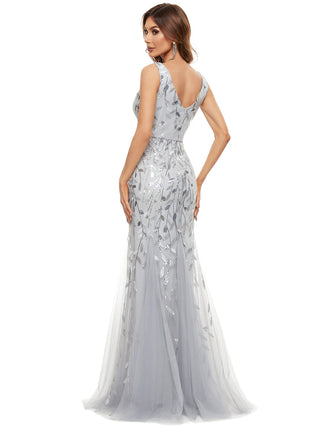 Strapless Deep V-Neck Sequin Fishtail Maxi Evening Dresses