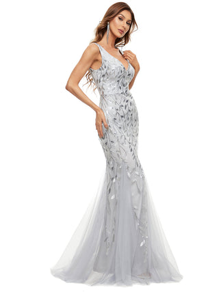 Strapless Deep V-Neck Sequin Fishtail Maxi Evening Dresses