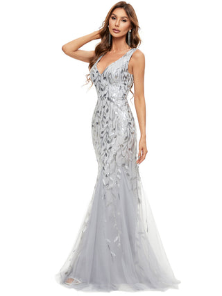 Strapless Deep V-Neck Sequin Fishtail Maxi Evening Dresses