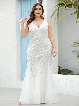 Strapless Deep V-Neck Sequin Fishtail Maxi Evening Dresses