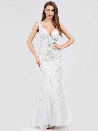 Strapless Deep V-Neck Sequin Fishtail Maxi Evening Dresses
