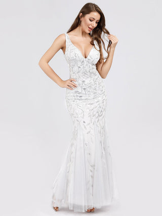 Strapless Deep V-Neck Sequin Fishtail Maxi Evening Dresses