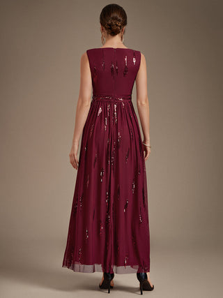 Sequin Draped Sleeveless Maxi Evening Dress