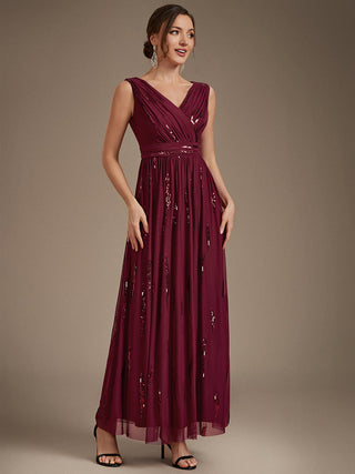 Sequin Draped Sleeveless Maxi Evening Dress