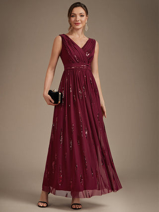 Sequin Draped Sleeveless Maxi Evening Dress