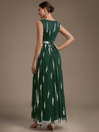 Sequin Draped Sleeveless Maxi Evening Dress