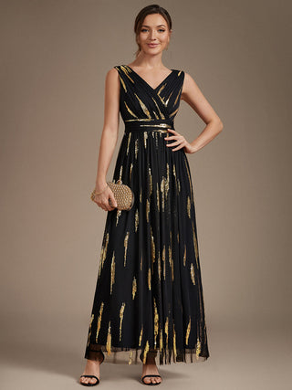 Sequin Draped Sleeveless Maxi Evening Dress